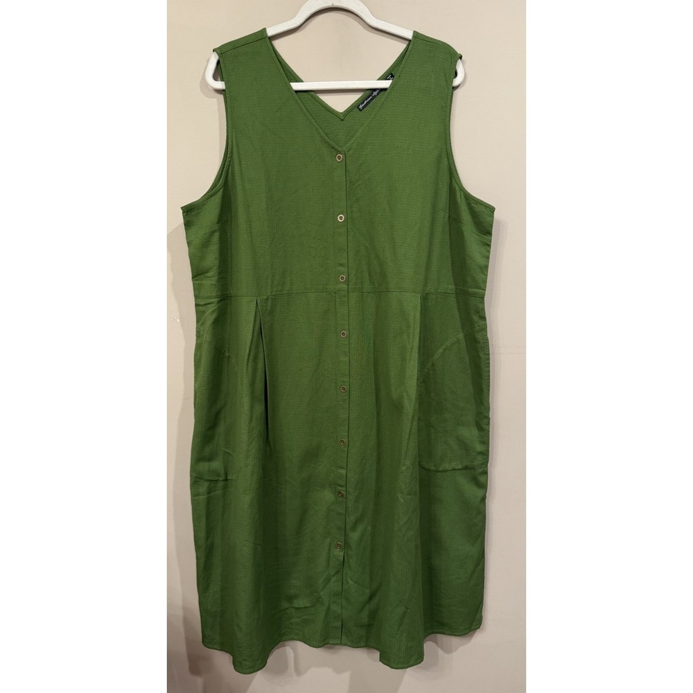 Gundrun Sjoden Green V Neck Button Down Dress XL Organic Cotton Lagenlook